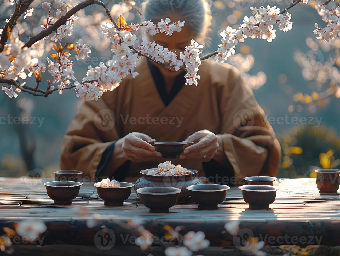 traditional Japanese tea ceremony is taking place outdoors featuring beautiful utensils and delicate blossoms from plum tree casting gentle sunlight on experience photo