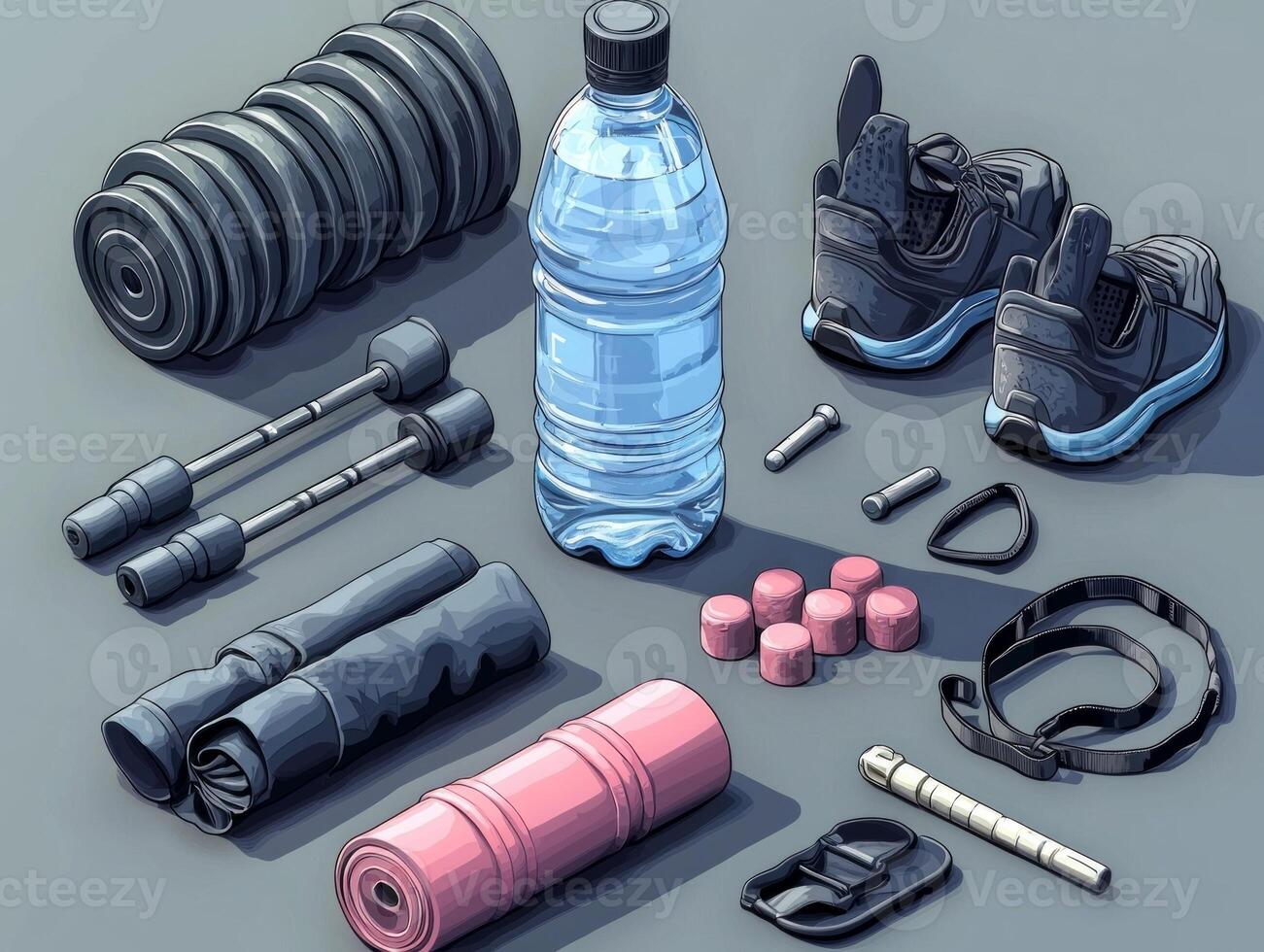 professional flat design mockup showcases sports water bottle customizable label surrounded essential gym gear on sleek grey background for modern touch photo