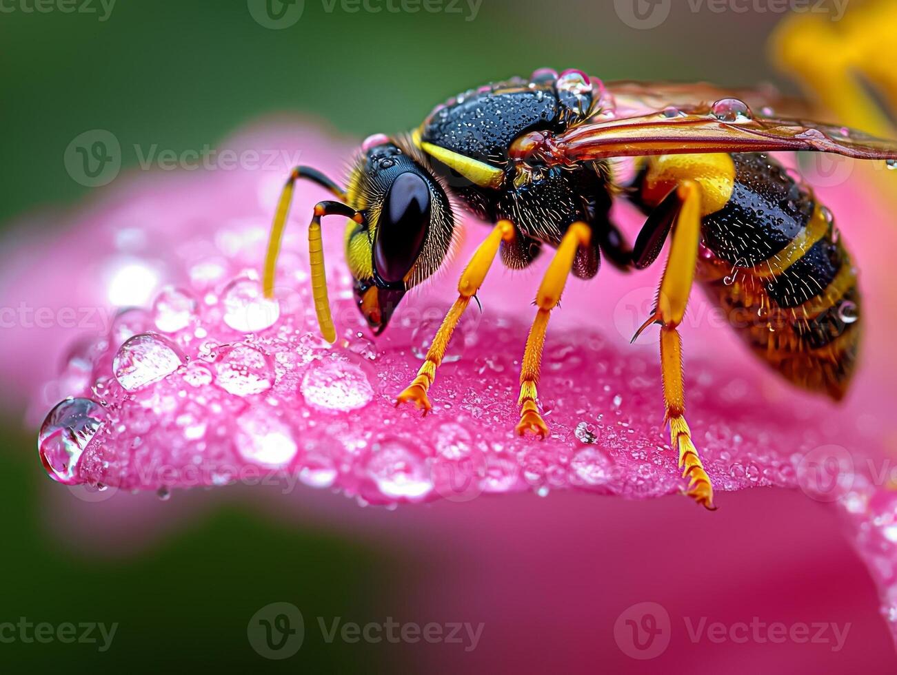 wasp is captured enjoying tiny water droplet on colorful flower petal its shiny exoskeleton reflecting bright light amidst lush green backdrop photo