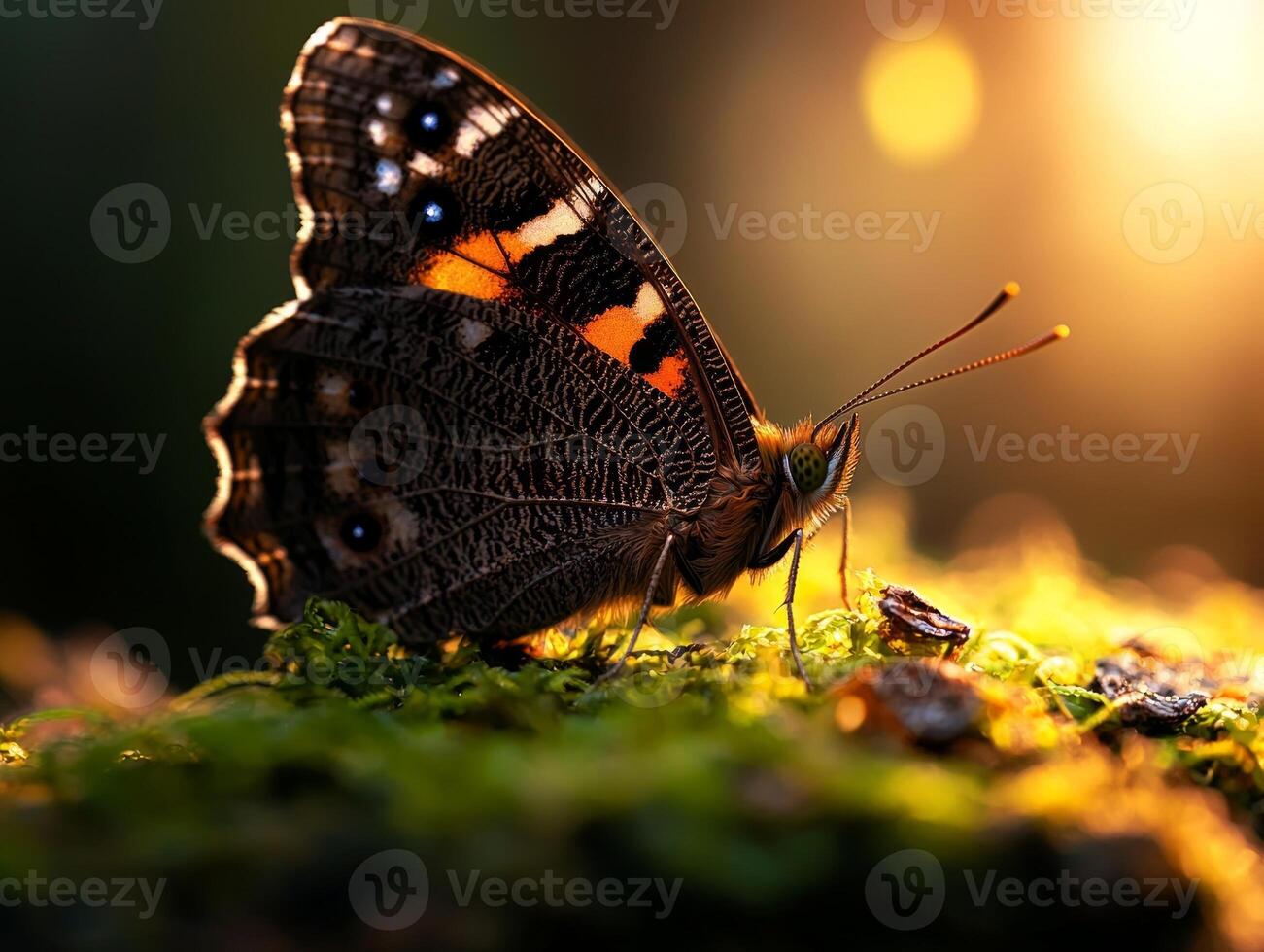 small butterfly rests on fern its delicate wings partially open illuminated dappled sunlight filters gently through surrounding trees creating serene atmosphere photo