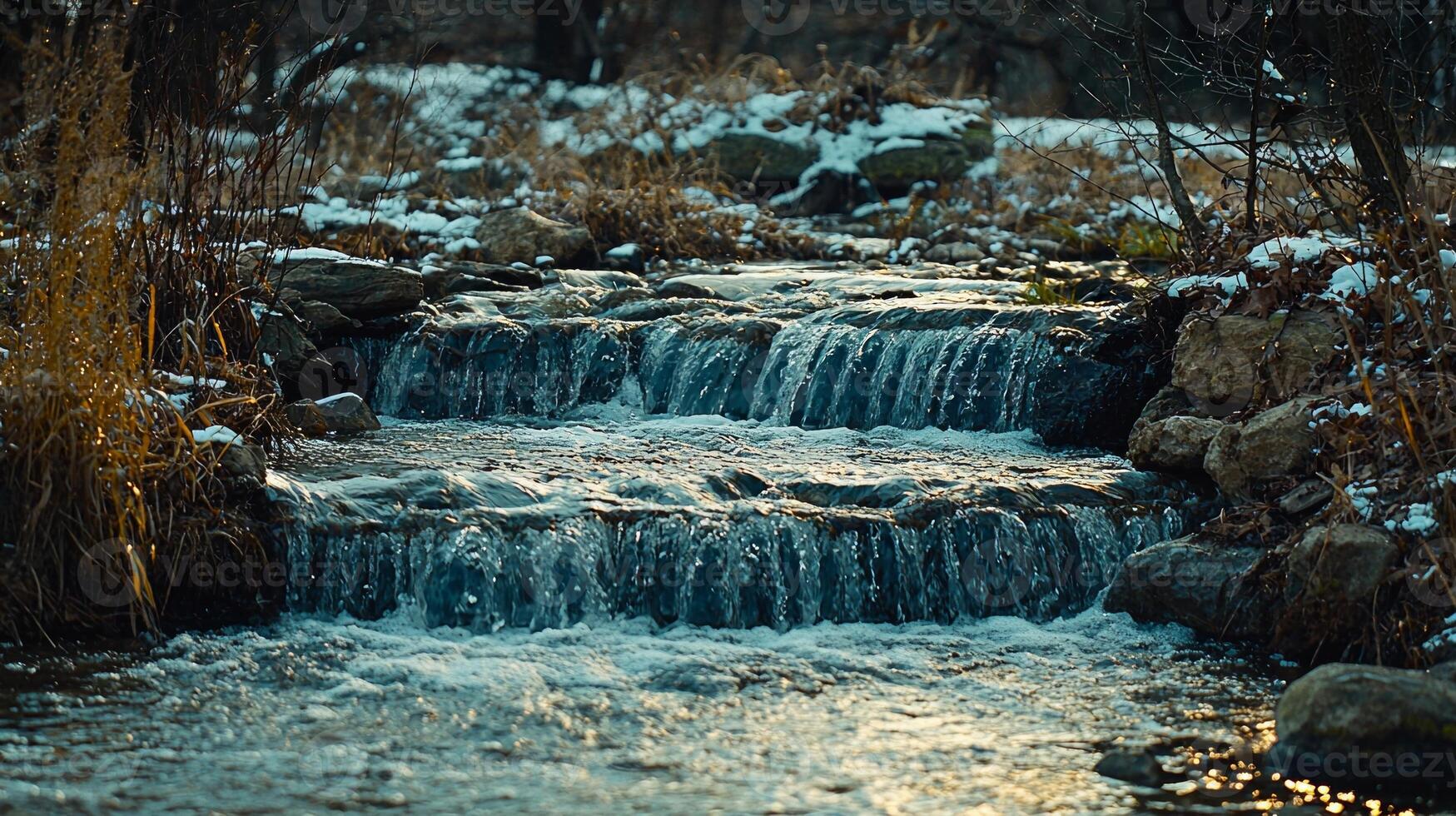 Rushing water flows gracefully over smooth rocks in mountain stream. Patches of snow and newly sprouted grass enhance natural beauty of scene photo