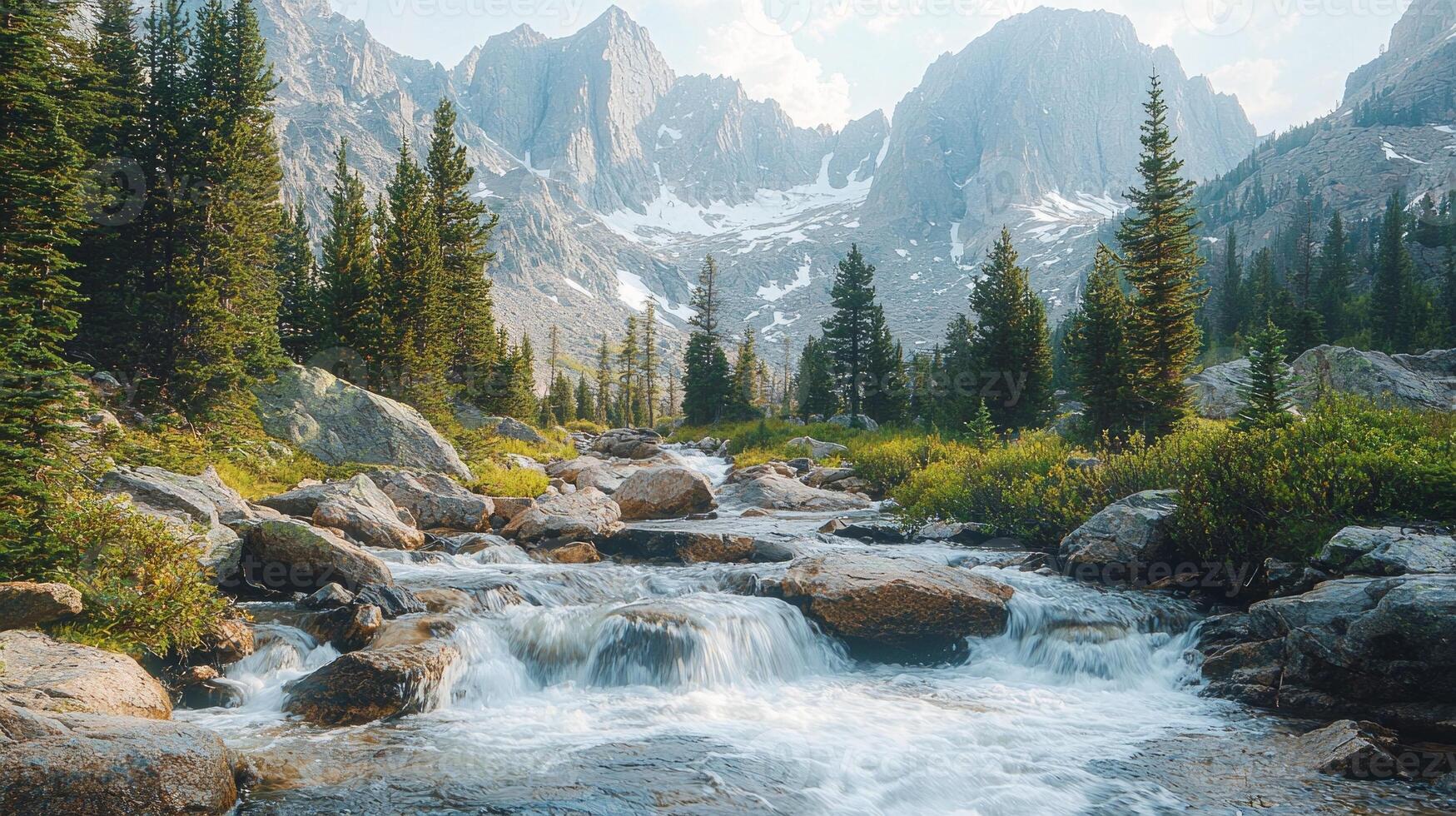 Melting snow cascades down rocky mountain slope creating streams glisten in sunlight. surrounding vegetation thrives in pristine natural environment showcasing vibrant greens photo