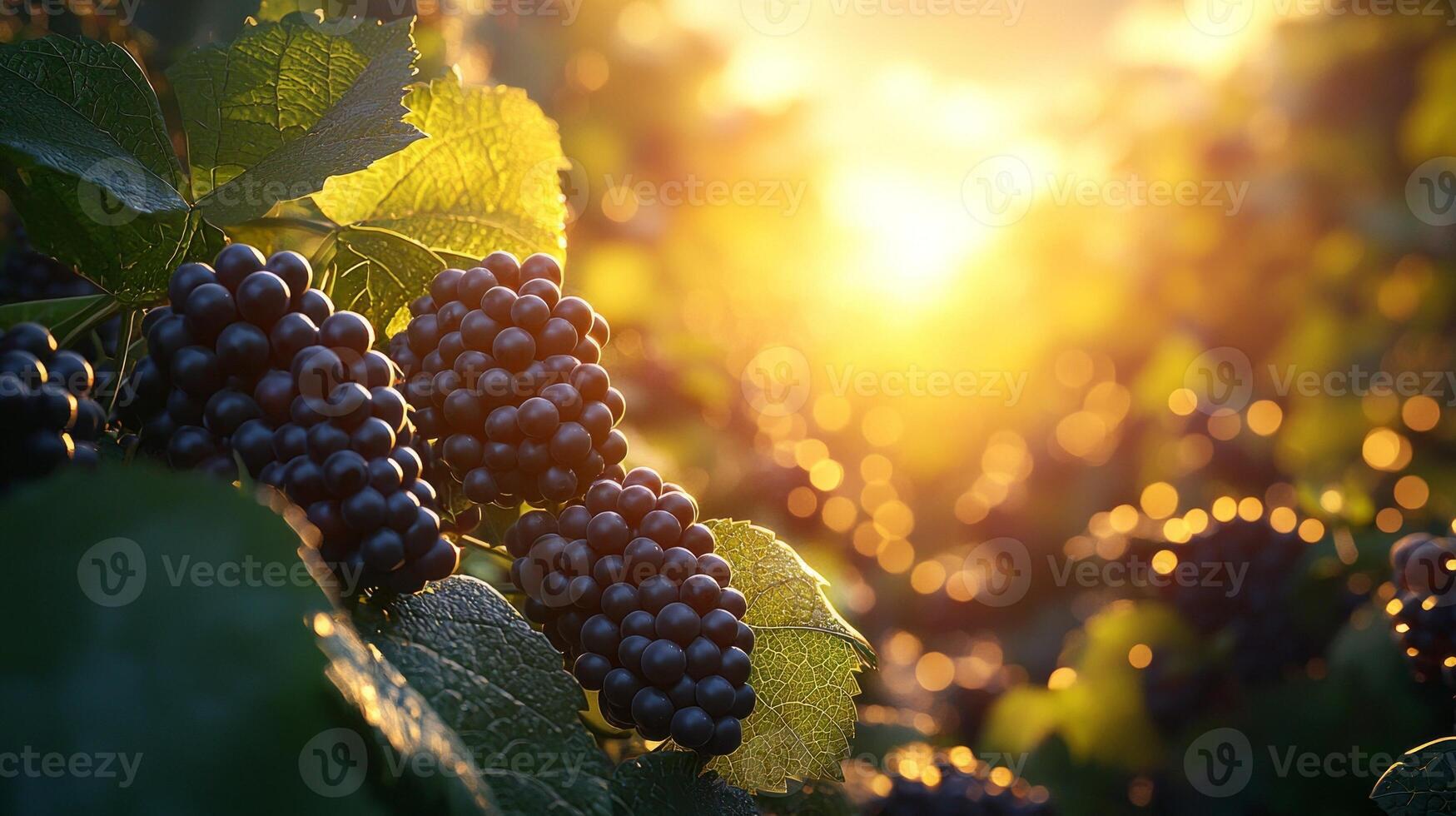 Grape vines flourish freely in untamed garden vibrant clusters of dark grapes among dense green foliage. Dappled sunlight enhances rustic natural beauty of setting photo