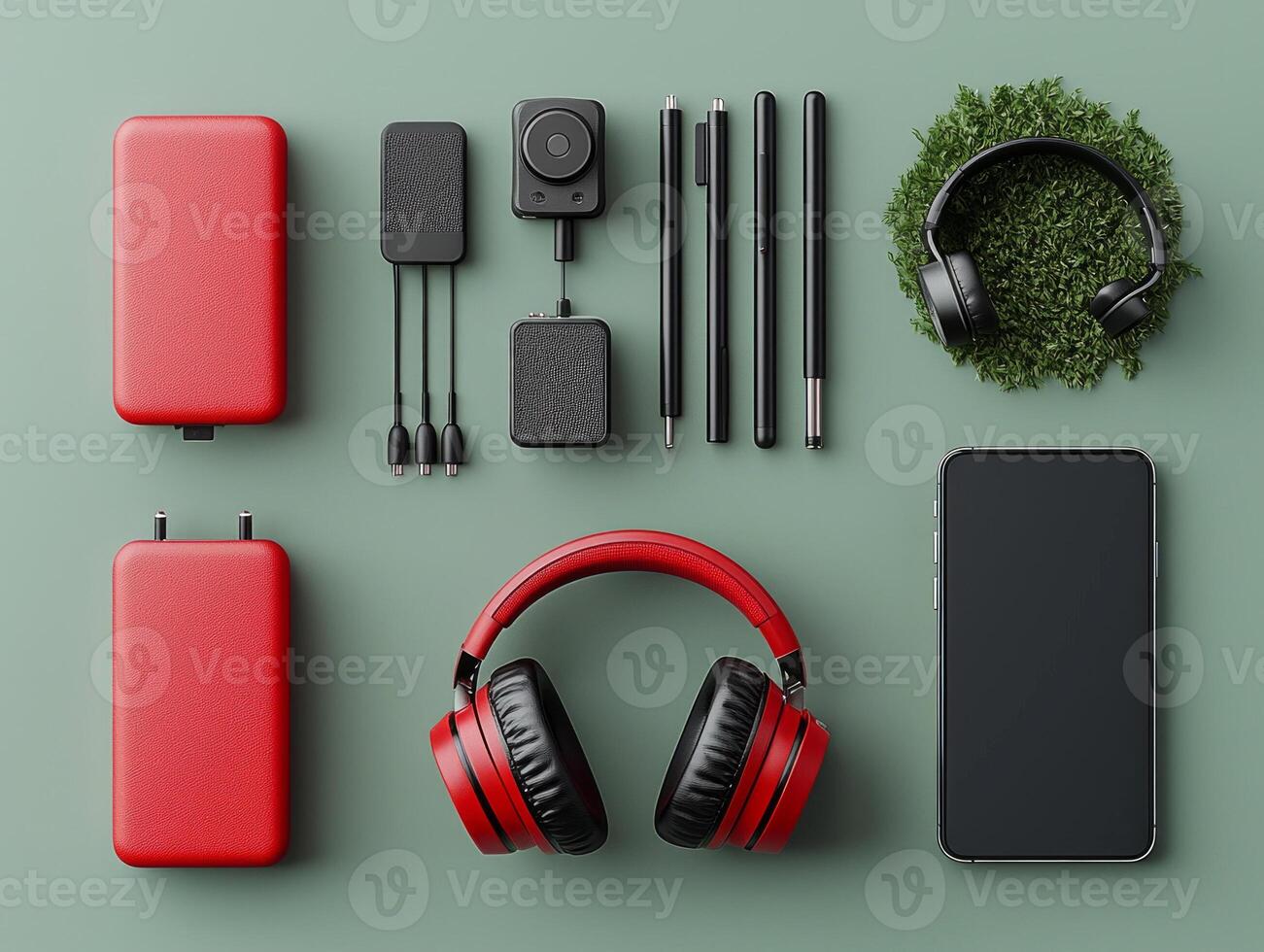 professional flat design showcases tech gadget set featuring red headphones power bank sleek phone and accessories arranged neatly. scene highlights modern design trends photo