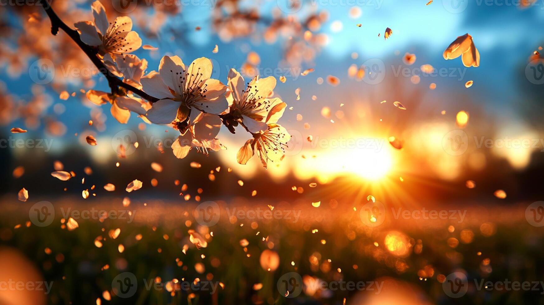Delicate white flowers of almond tree sway in gentle wind beneath vibrant blue sky. scene captures beauty and tranquility of nature during sunny day photo
