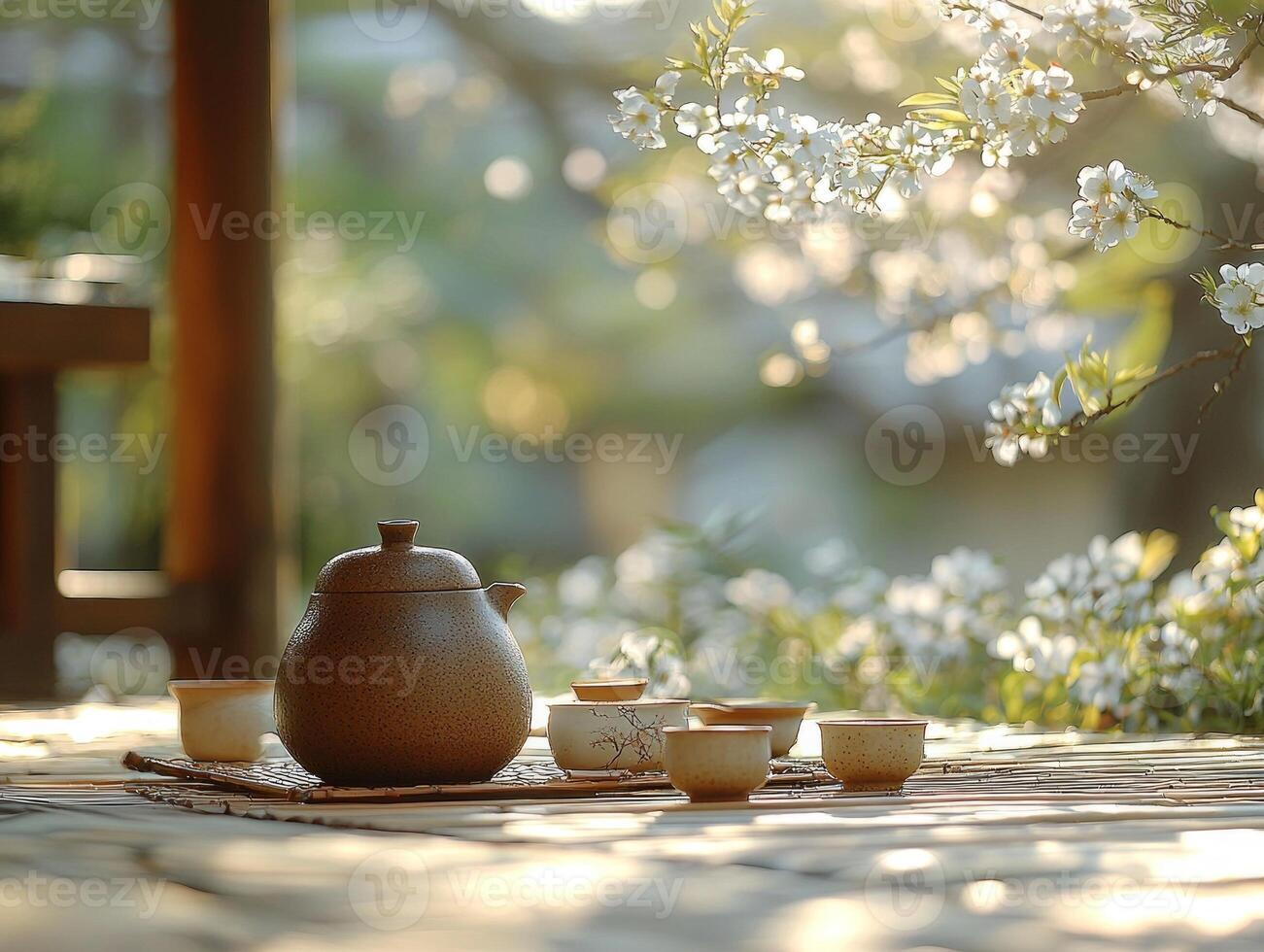 Enjoy serene moment as traditional Japanese tea ceremony unfolds outdoors. Intricate utensils are displayed on mat beneath blooming plum tree illuminated gentle sunlight photo