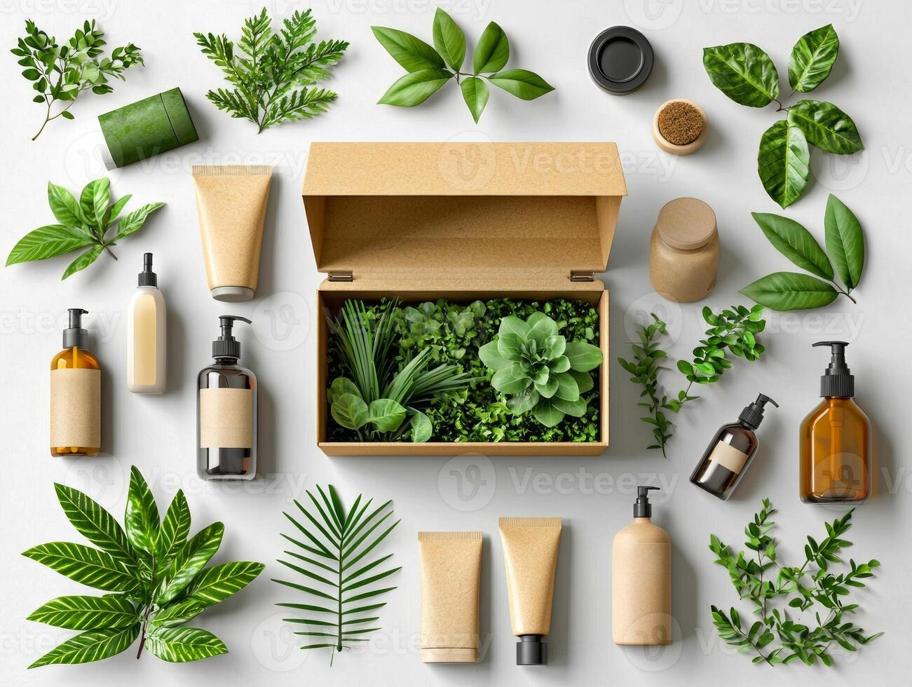 creative mockup shows isometric view of subscription box filled eco friendly products surrounded various green plants. Customizable text can enhance branding photo