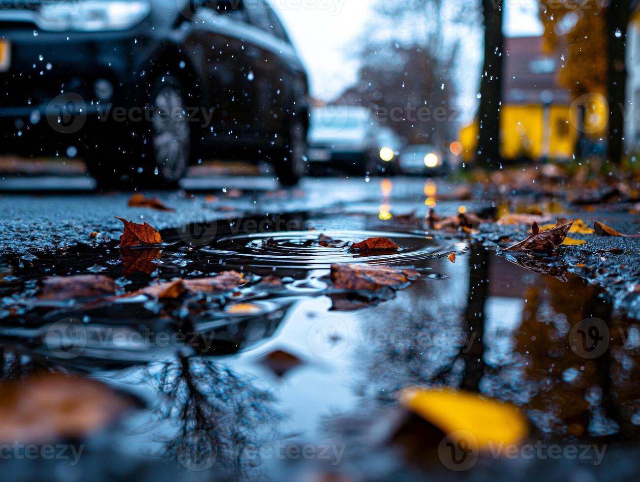 small puddle formed melting snow shows ripples from falling droplets while reflecting bare branches above. Colorful leaves rest nearby enhancing tranquil outdoor scene photo