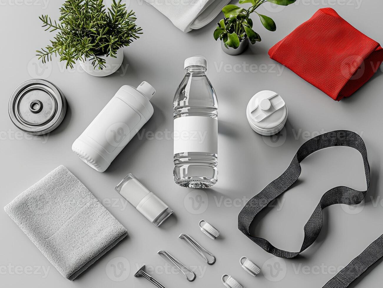 sports water bottle in isometric view sits prominently customizable label. Surrounding gym gear highlights active lifestyle against simple gray background photo