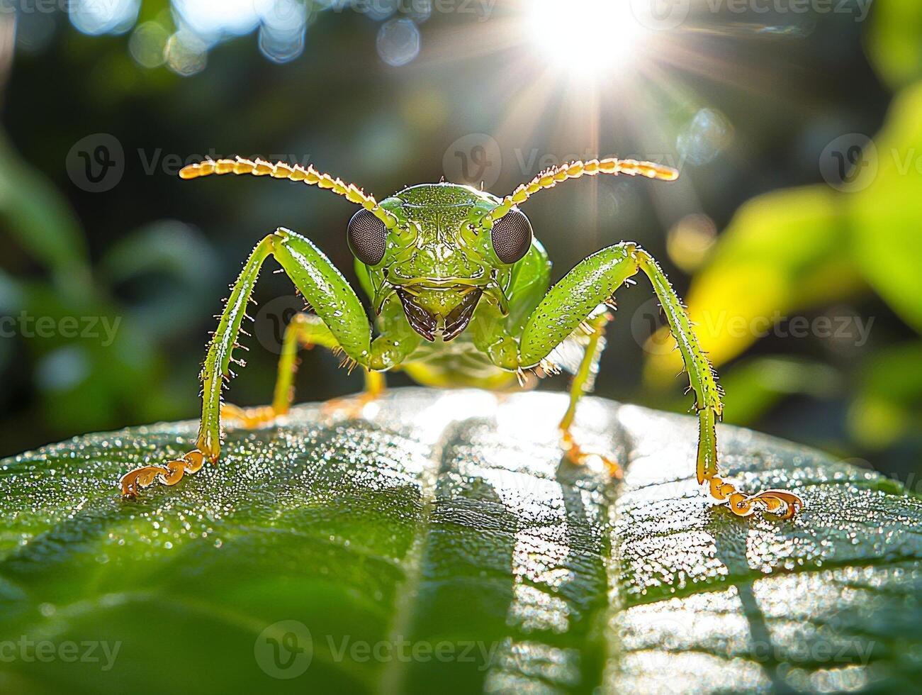 close up reveals emerald green beetle moving on leaf. Its shiny shell reflects diffused sunlight while garden forms blurred backdrop in summer afternoon photo