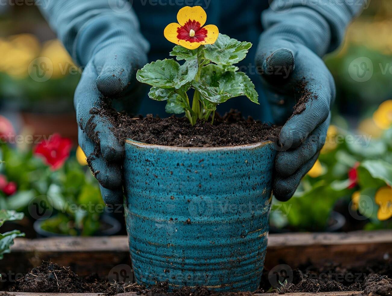 Hands in gardening gloves gently add soil around small flowering plant in ceramic pot. Brightly colored plants surround serene gardening activity on wooden bench photo