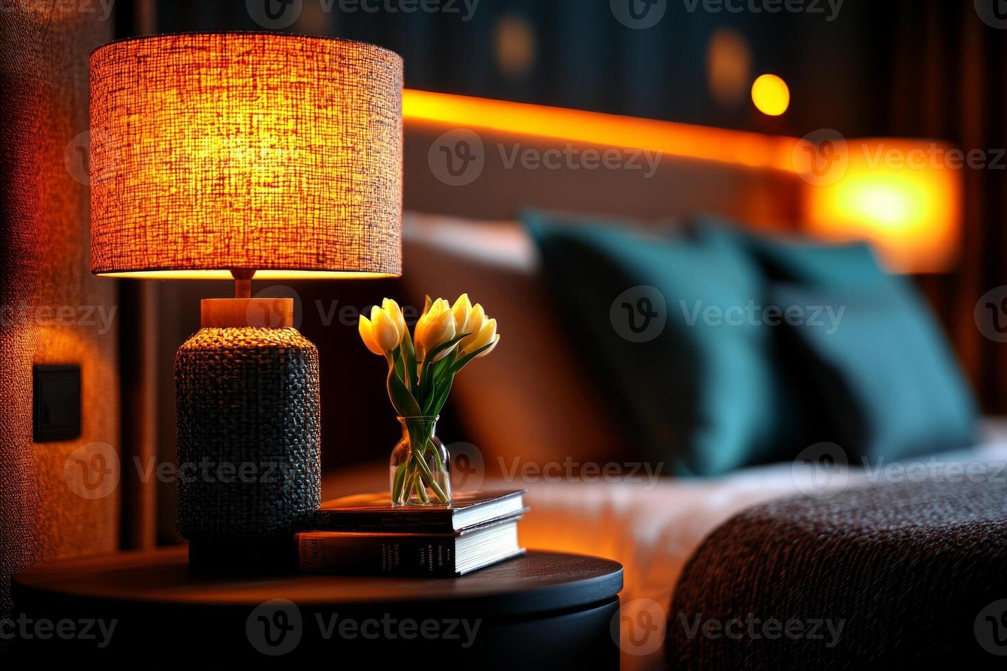 bedside table showcases small vase filled green branches and white tulips next stack of books and linen lamp. warm light enhances cozy feel of space photo