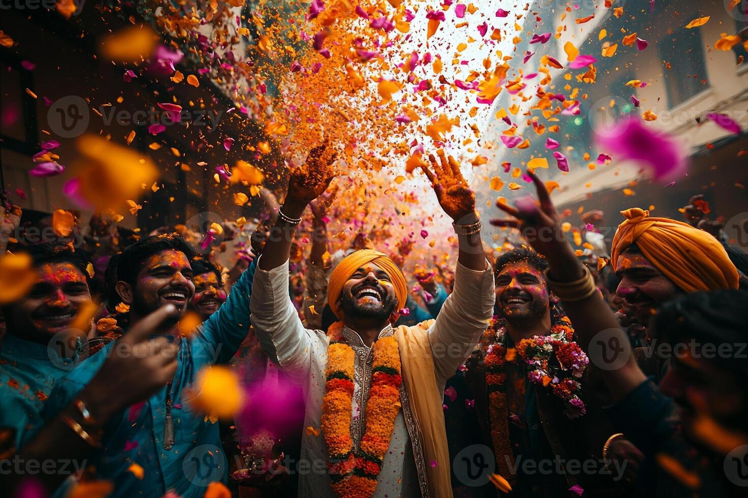 vibrant group celebrates Holi in traditional attire surrounded blooming trees joyfully tossing colored powders into air creating festive atmosphere of happiness photo