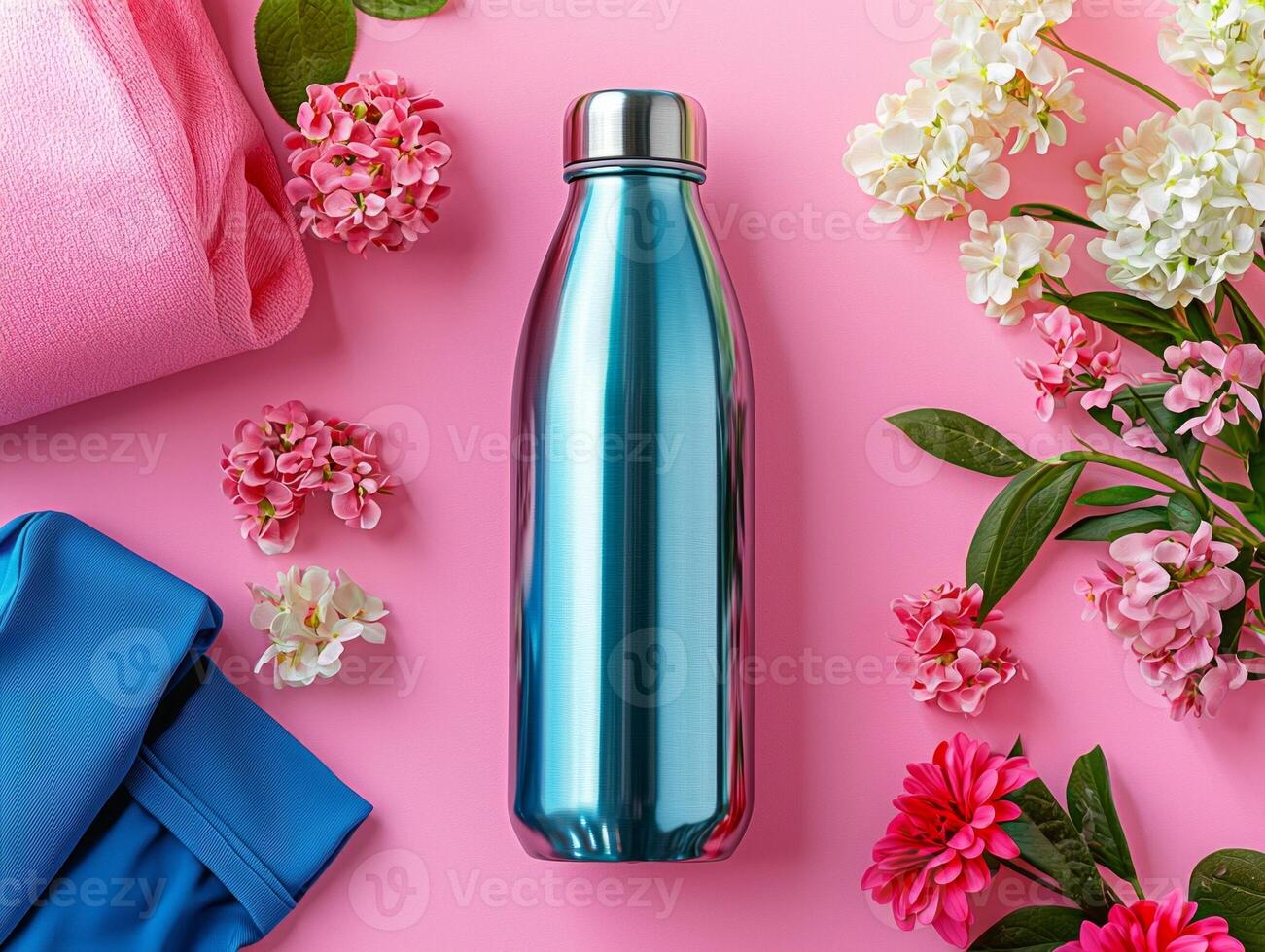 artwork features reusable water bottle in isometric view surrounded colorful workout gear and fresh flowers all set against vibrant pink background ideal for branding photo