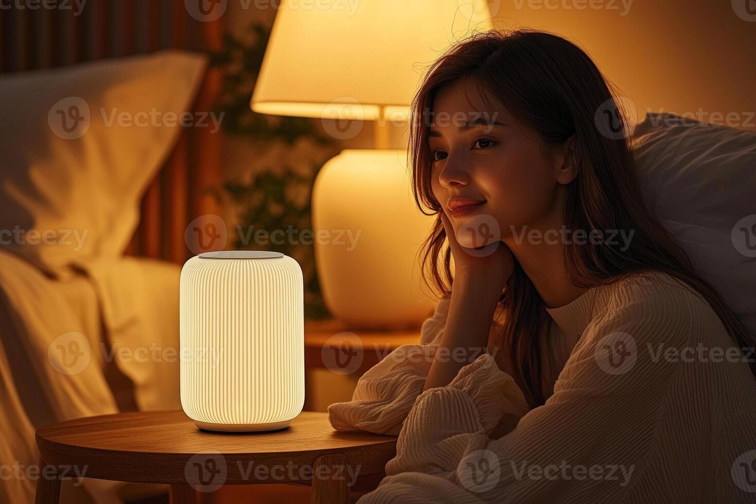 professional flat design mockup showcases smart speaker on bedside table in cozy bedroom. warm lamp light creates inviting atmosphere emphasizing customizable branding photo
