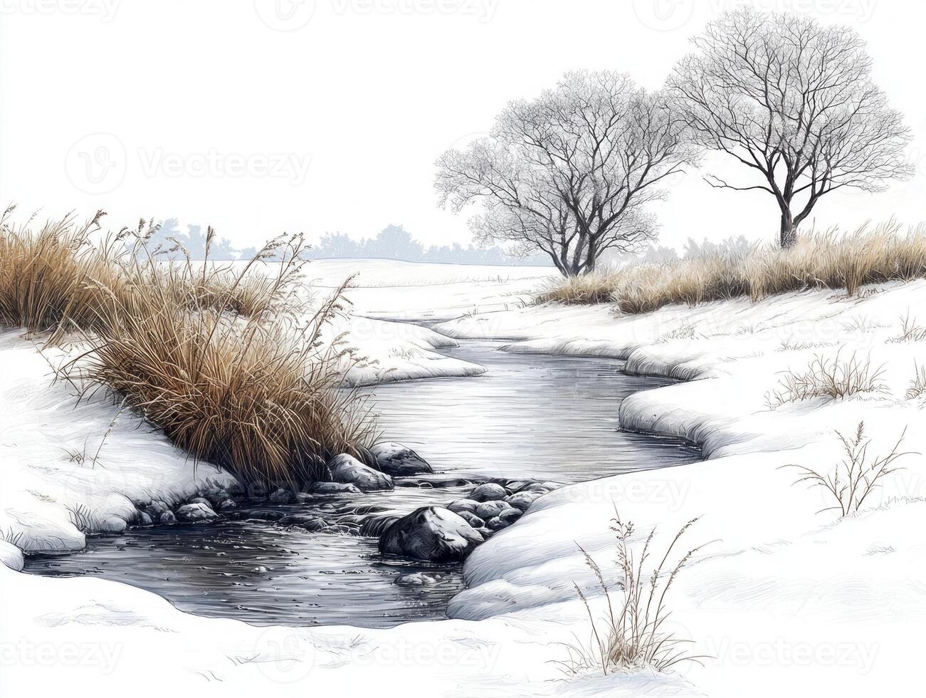 tranquil stream winds through serene forest blanketed in snow. Delicate line art captures flow of water grassy patches and frosty trees. Subtle shades enhance peaceful atmosphere photo