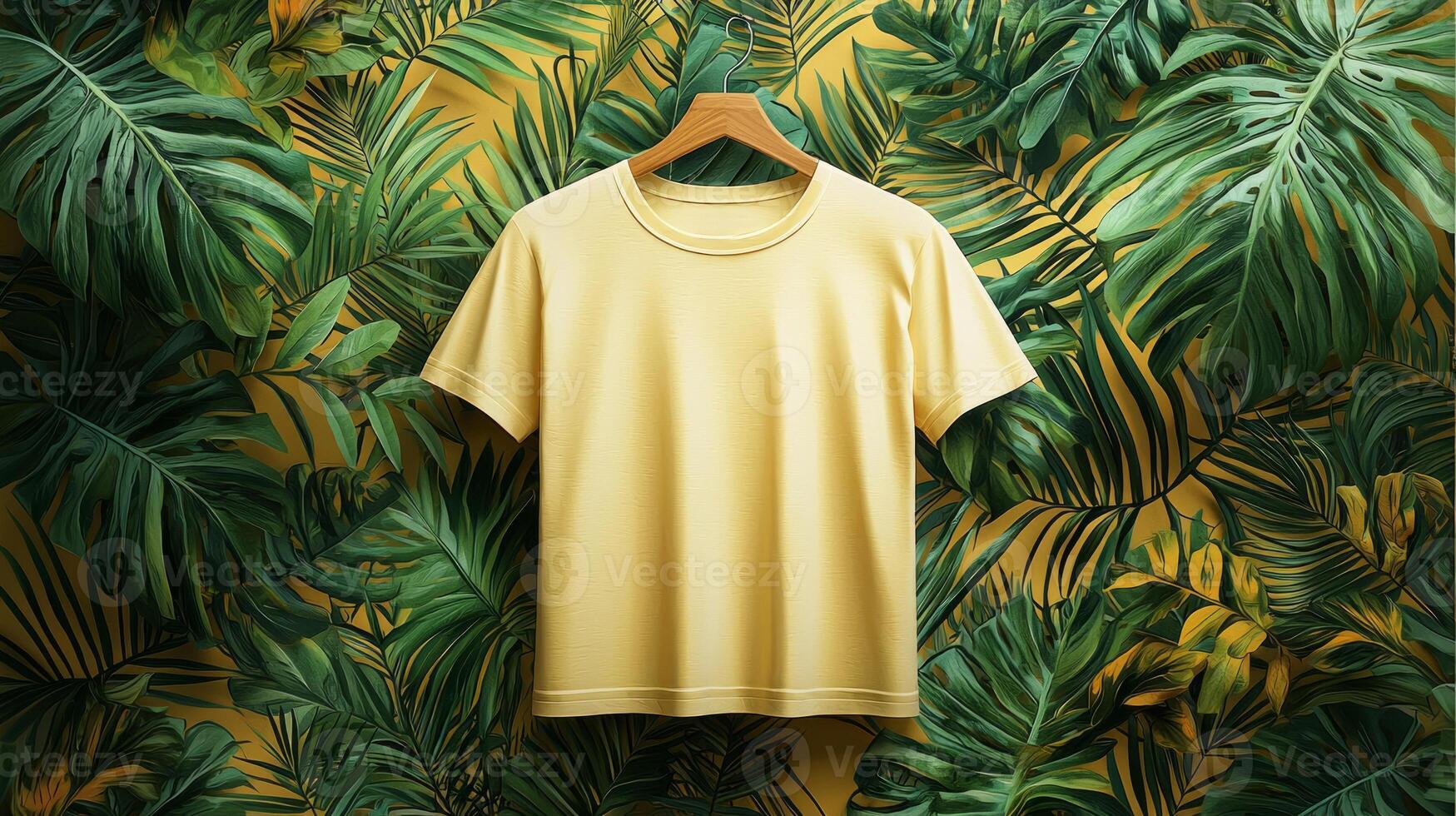 Blank yellow T shirt is prominently showcased on wooden hanger. backdrop features lush arrangement of tropical leaves adding lively touch photo