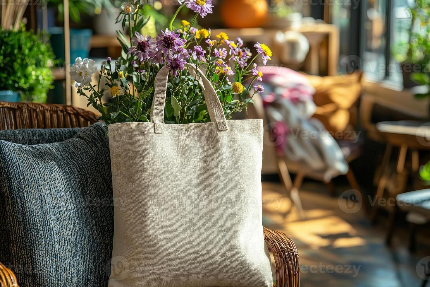 Bright and colorful room shows canvas tote bag hanging on chair filled blooming flowers. warm ambiance highlights stylish design and natural elements of space photo