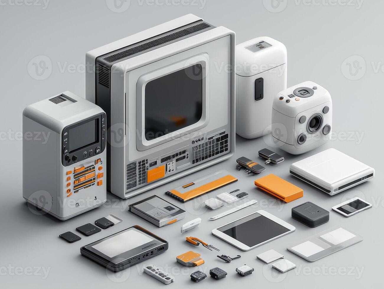 Displaying professional flat design mockup of tech gadget box featuring customizable graphics. Surrounding accessories and instruction booklets enhance presentation photo