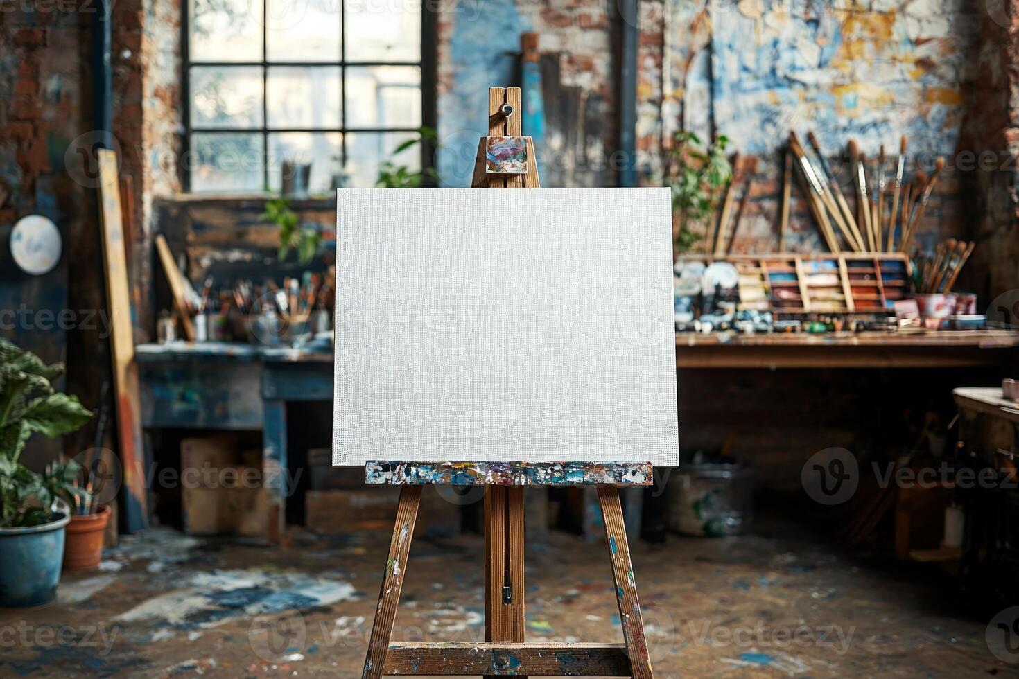 In vibrant artist studio blank canvas stands on easel amidst scattered paintbrushes and watercolor palettes inviting creativity and artistic exploration in inspiring space photo