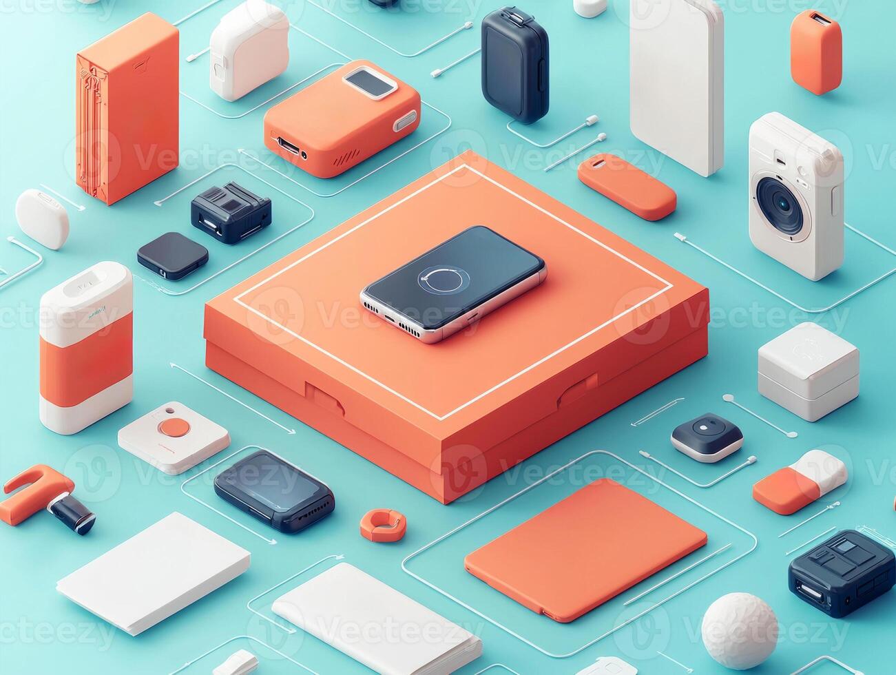 Tech gadget box displayed in isometric view features customizable graphics and is surrounded various accessories and instruction booklets. setup highlights modern tech design and photo