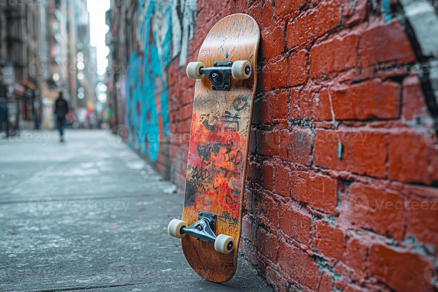 skateboard deck vibrant abstract graphics is propped against colorful brick wall featuring graffiti. urban environment sets creative backdrop for design photo