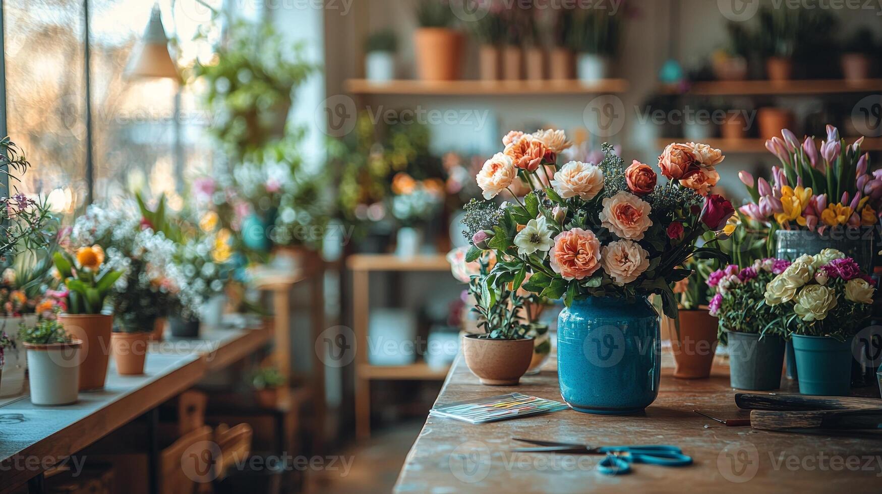 craft table showcases beautifully arranged spring decorations floral arrangements ribbons and scissors. Soft sunlight pours in through window enhancing creative atmosphere photo