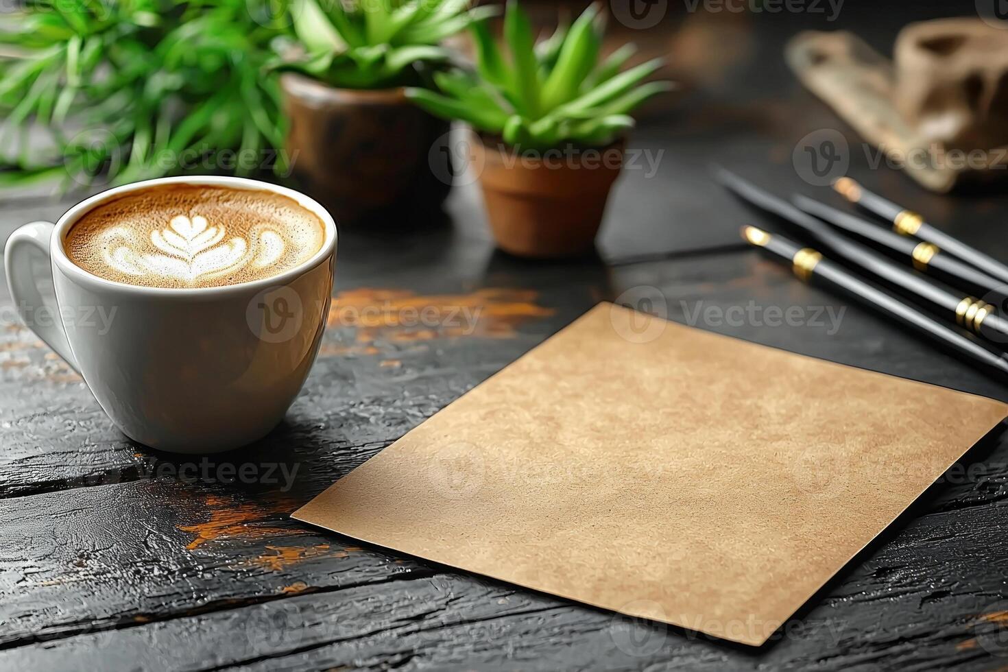 Top down view features notepad customizable cover art placed next cup of coffee and pens on rustic wooden desk. Coffee stains add character workspace photo