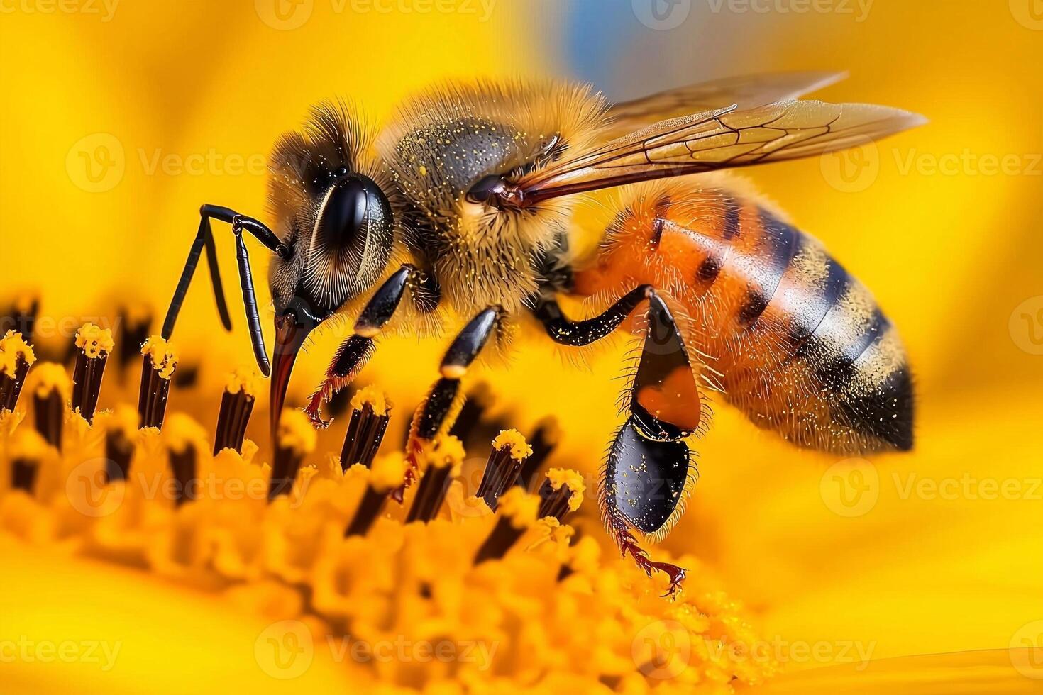 honeybee hovers near sunflower its wings in motion as it gathers pollen. vibrant yellow petals contrast beautifully clear blue sky above creating lively summer atmosphere photo