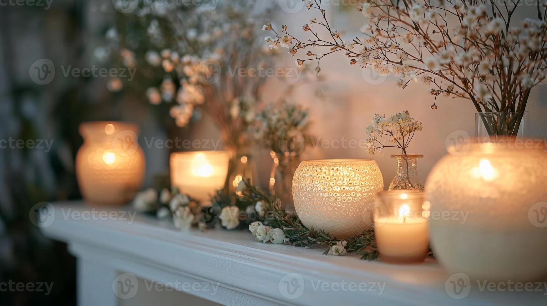 living room showcases spring themed mantelpiece adorned fresh greenery elegant vases filled flowers and softly flickering candles. golden hour light creates warm atmosphere photo