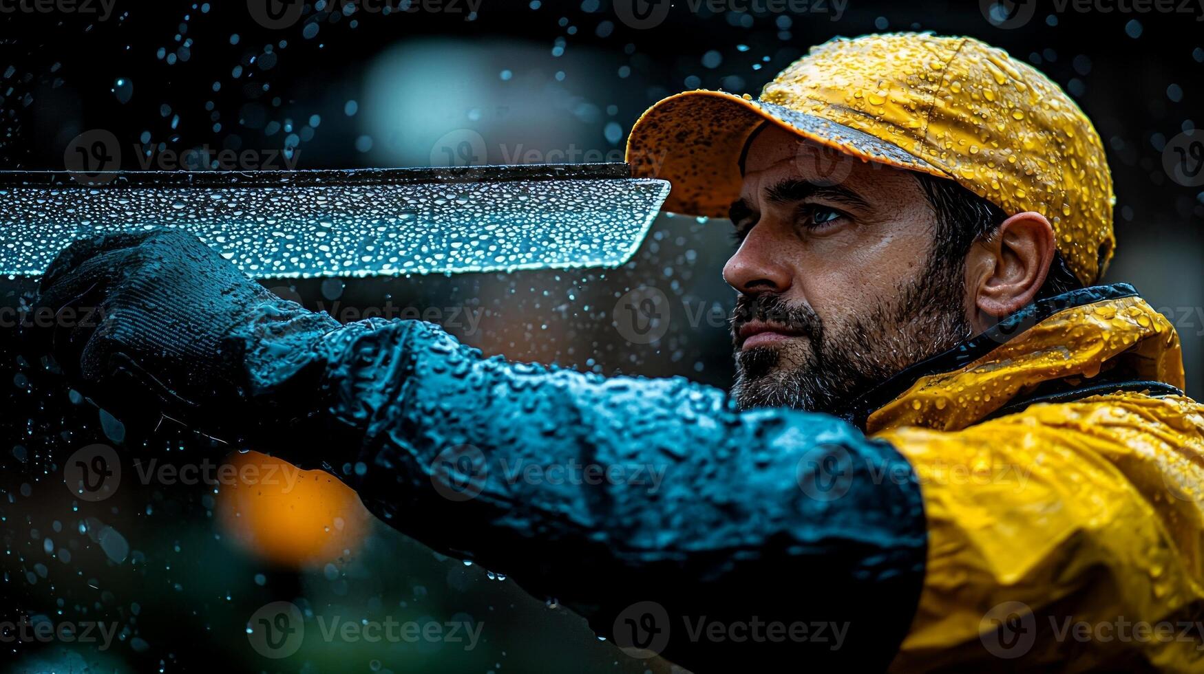 In busy urban setting skilled window cleaner diligently wipes raindrops from glass using squeegee. lush garden peeks through cleared portion adding color scene photo