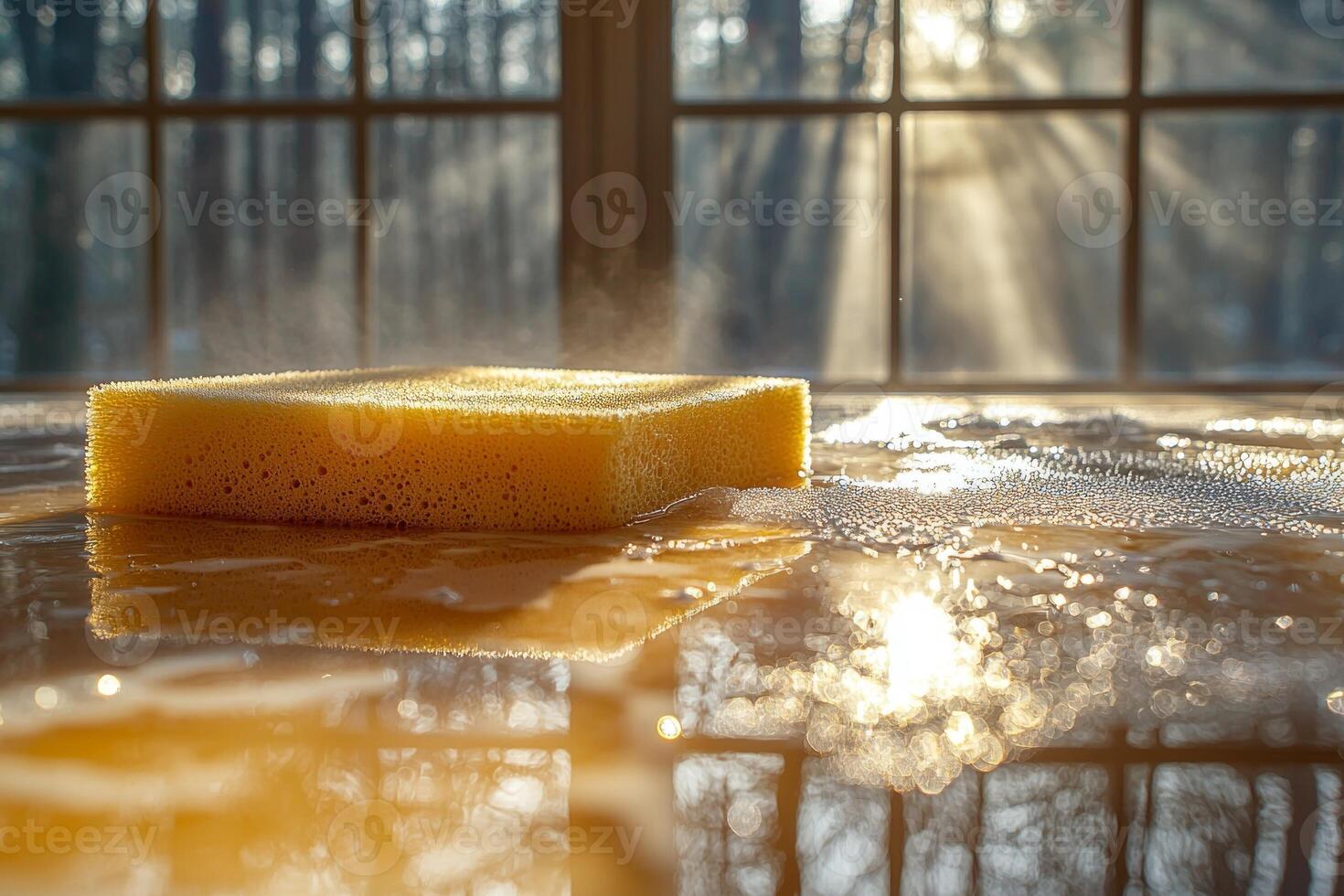 person wearing yellow rubber gloves is scrubbing kitchen counter. Sunlight filters through window illuminating sponge and spray bottle on surface creating warm atmosphere photo