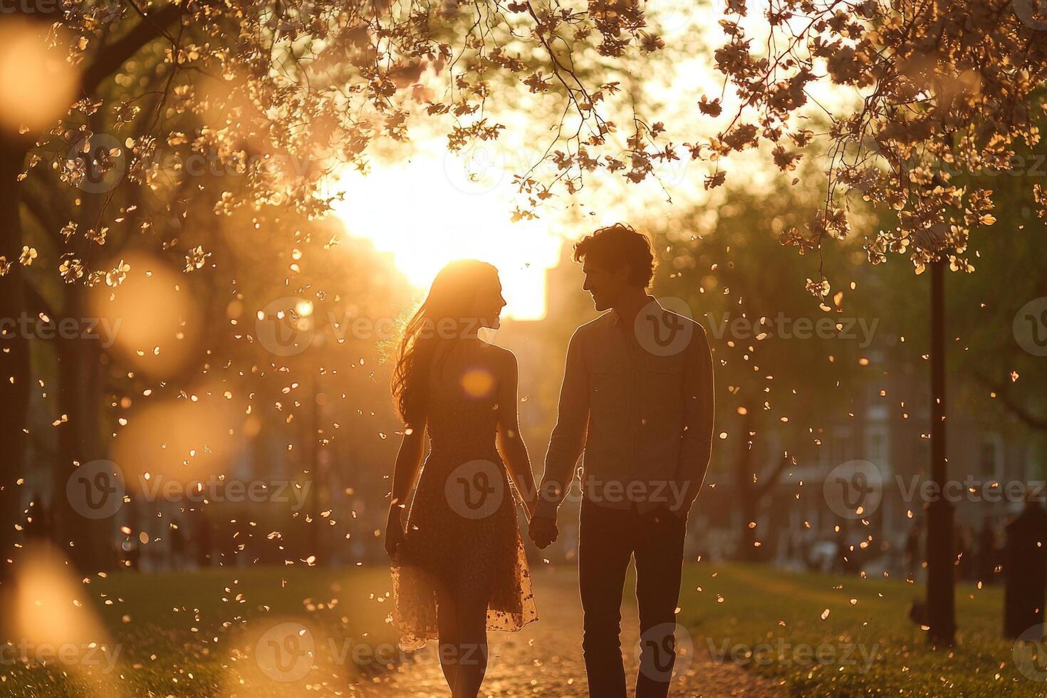 young couple walks hand in hand through park adorned blooming apple trees petals falling gently around them while golden hour light creates magical atmosphere photo