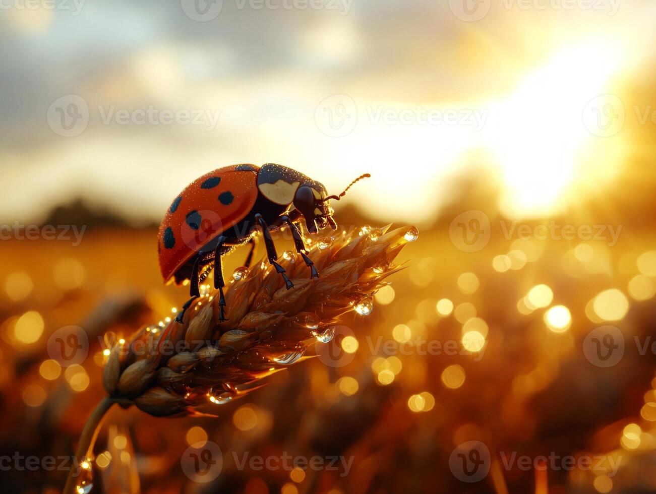 ladybug scales dew laden blade of grass sunlight glimmering on each droplet creating magical ambiance. intricate details are highlighted through macro photography photo