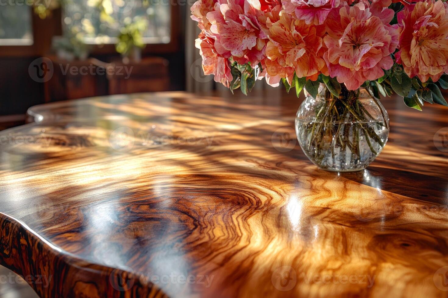 person carefully polishes wooden dining table using furniture oil enhancing its shine. vase of fresh flowers adds beauty illuminated warm natural light photo