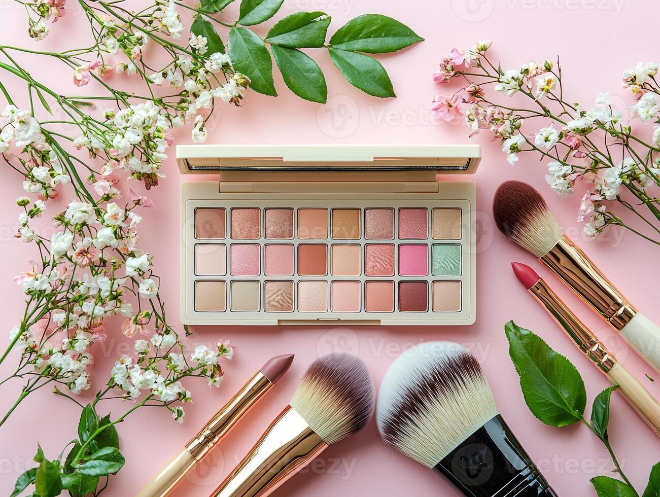 Top down view showcases beautifully arranged makeup palette surrounded brushes and lipsticks all set against soft pink background adorned flowers photo