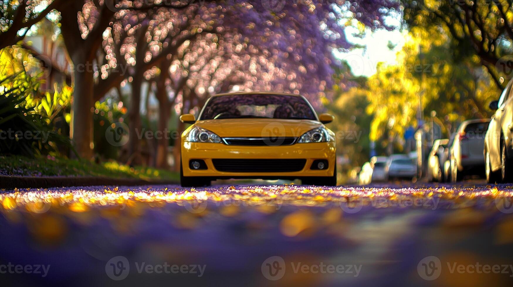 Purple jacaranda flowers cluster above peaceful suburban street sunlight casting warm glow as yellow car stands out amidst floral display creating serene atmosphere photo