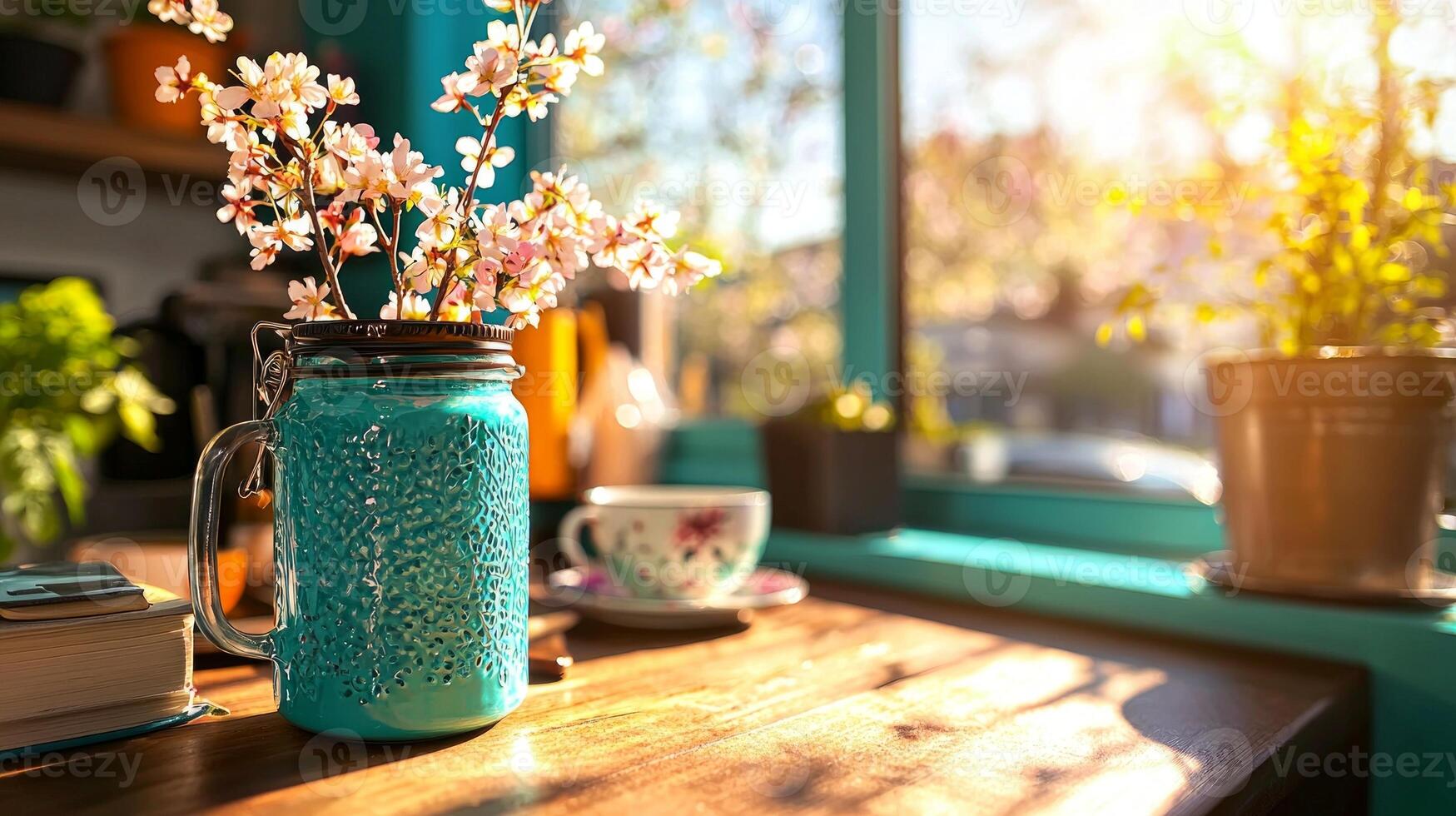 Bright spring morning light fills cozy corner small desk showcasing blooming cherry branches in vase alongside books and cup of tea creating serene atmosphere photo