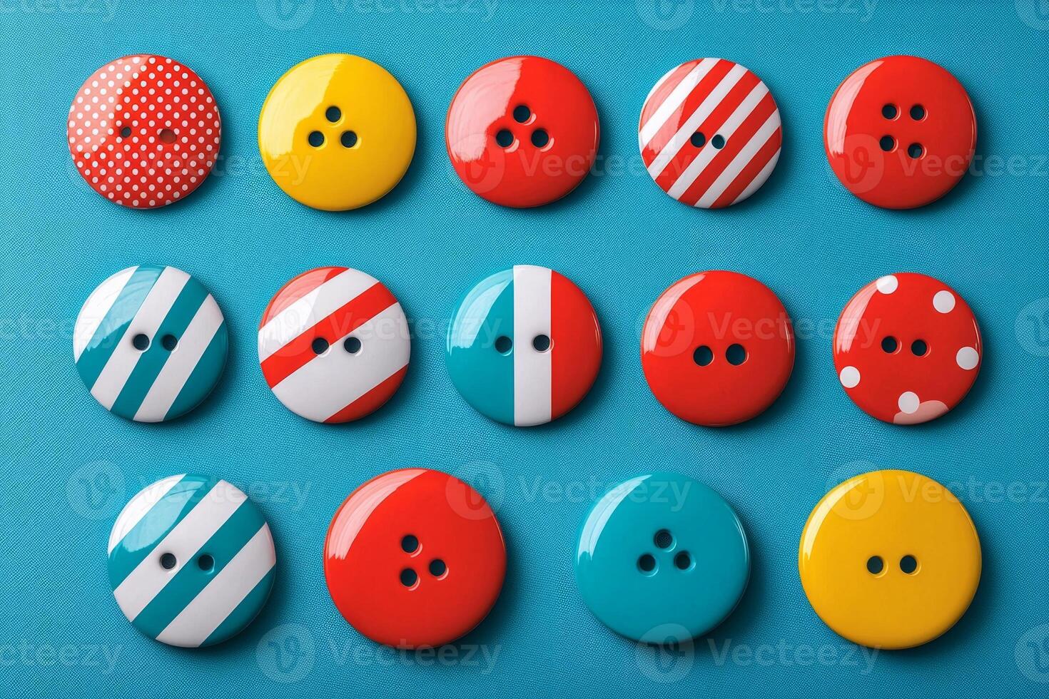 vibrant arrangement of various buttons and pins is neatly displayed from above. colorful designs showcase different patterns set against bright fabric background ideal for branding photo