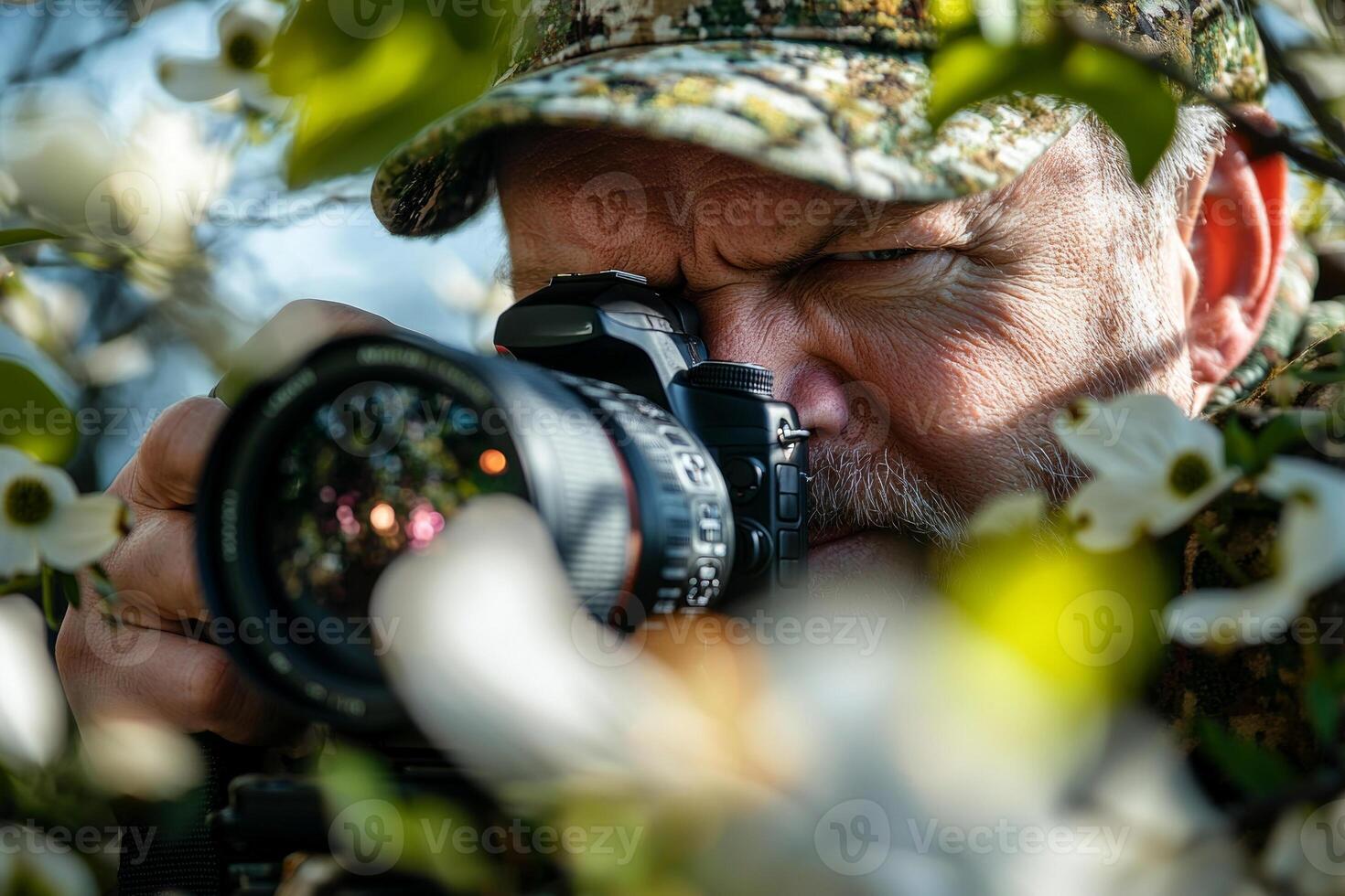 professional is engaged in capturing stunning beauty of dogwood tree in full bloom. Surrounded vibrant white flowers focus is on intricate details of nature photo