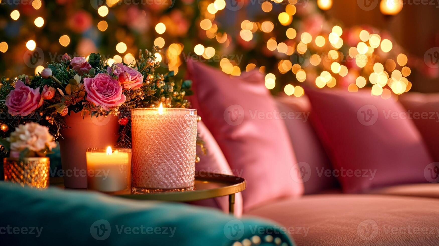 Bright living room adorned spring themed mantelpiece featuring fresh greenery flowers and glowing candles creating warm and inviting atmosphere during golden hour photo