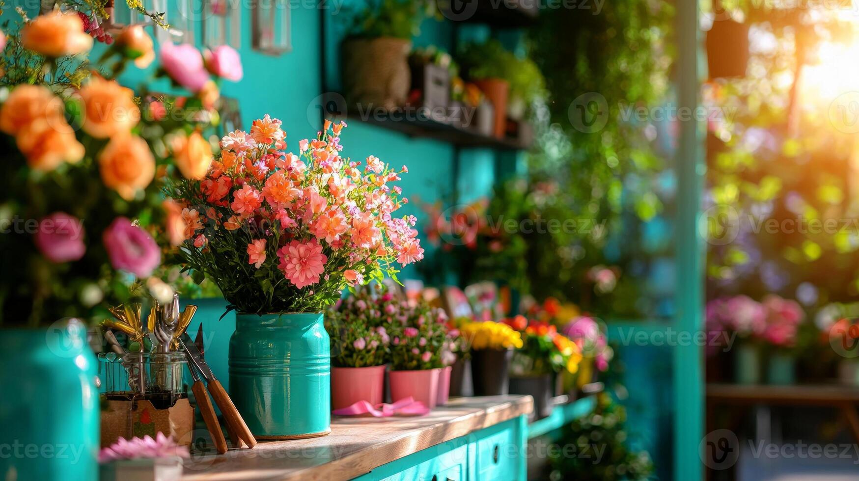 Spring decorations fill craft table colorful floral arrangements ribbons and tools all bathed in warm sunlight streaming through window. atmosphere is inviting and creative photo