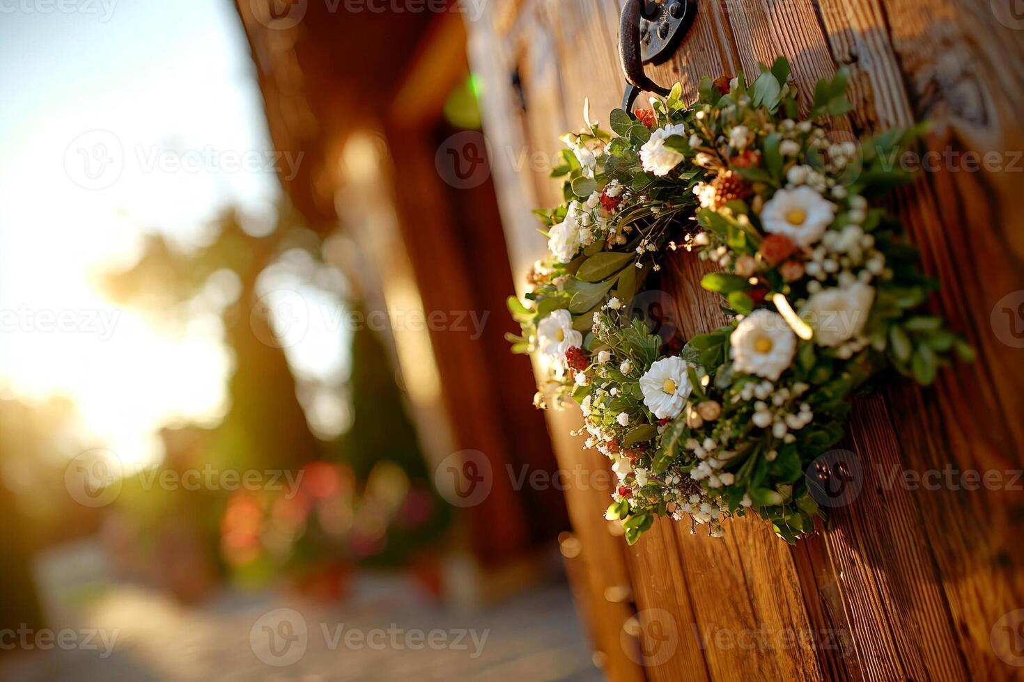 Fresh greenery and delicate white flowers form beautiful wreath elegantly suspended on rustic wooden door illuminated warm natural light photo