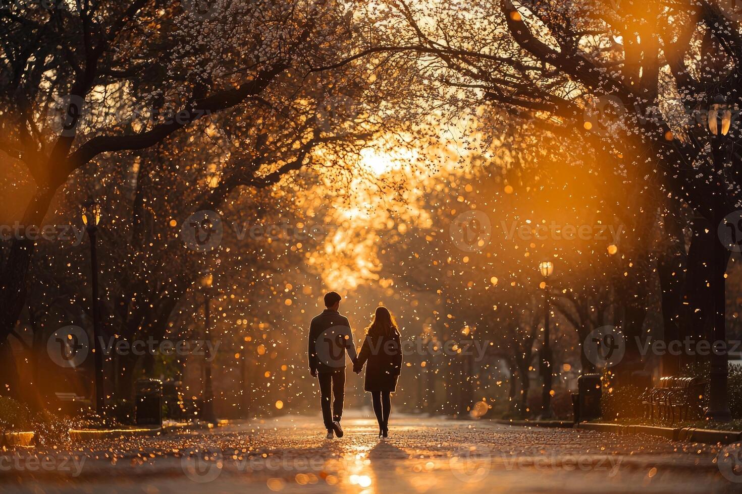 young couple is walking hand in hand through park filled blooming apple trees. Petals fall gently around them as warm golden hour light casts beautiful glow photo