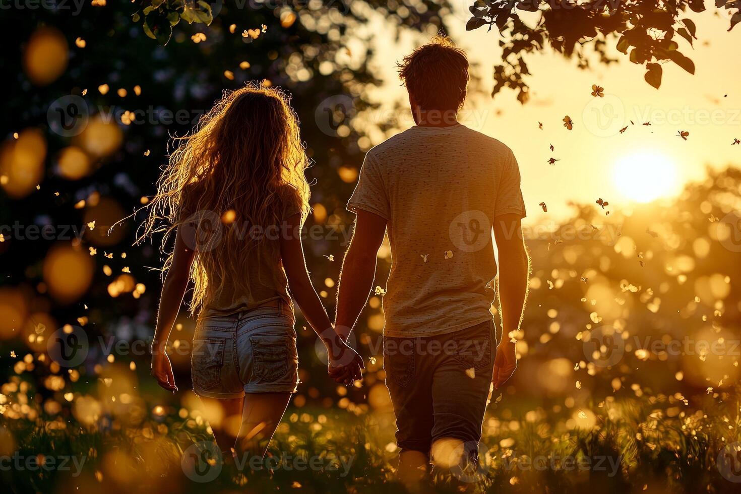 young couple walks hand in hand through park filled blooming apple trees. Petals fall gently around them as they enjoy warm golden hour light photo
