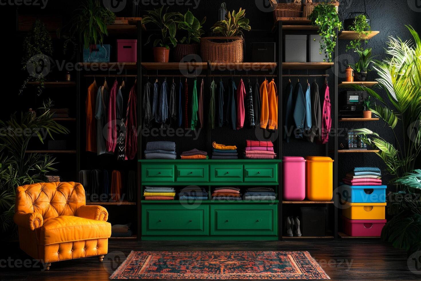 person is carefully organizing closet stacking folded clothes on shelves while colorful storage bins add inviting touch well lit space filled plants photo