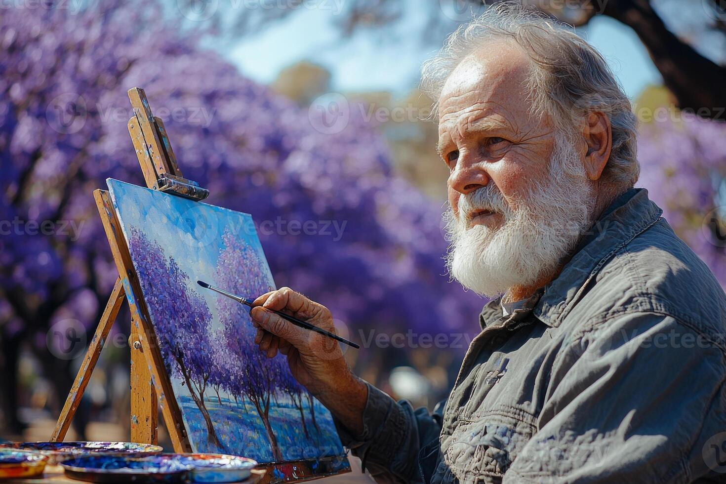 artist focuses on painting park filled blooming jacaranda trees using palette of colors. surrounding vibrant purple flowers create delightful atmosphere for creativity photo