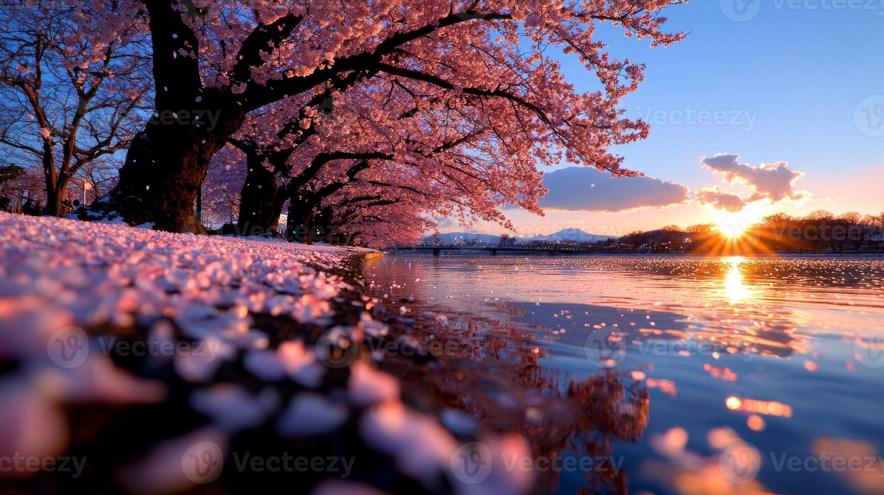 Blossoming cherry trees create stunning row along riverbank as golden hour light reflects off water. Delicate petals float softly in breeze enhancing serene atmosphere photo
