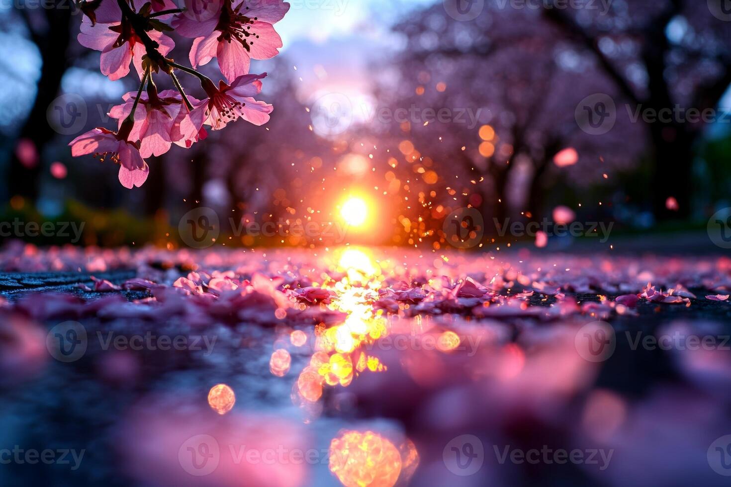 tranquil street lined sakura trees showcases soft pink petals scattered on ground. golden hour provides peaceful ambiance creating dreamy landscape photo