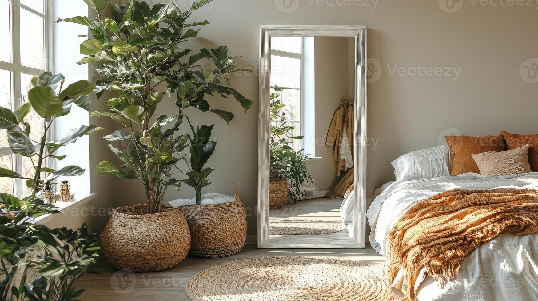 wide shot showcases professional mockup of full length standing mirror positioned in warm and inviting bedroom. Soft colors enhance cozy atmosphere photo